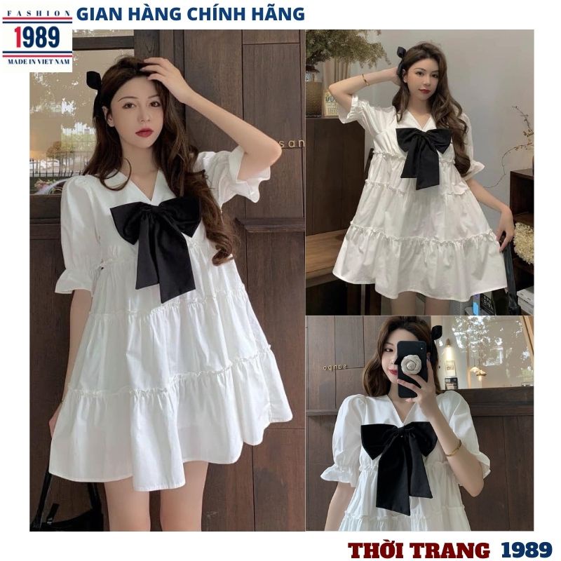 Đầm babydoll nữ ❤️váy xoè cổ v đính nơ❤️ chất thô mềm xếp tầng, tiểu thư -phương_1989 | BigBuy360 - bigbuy360.vn