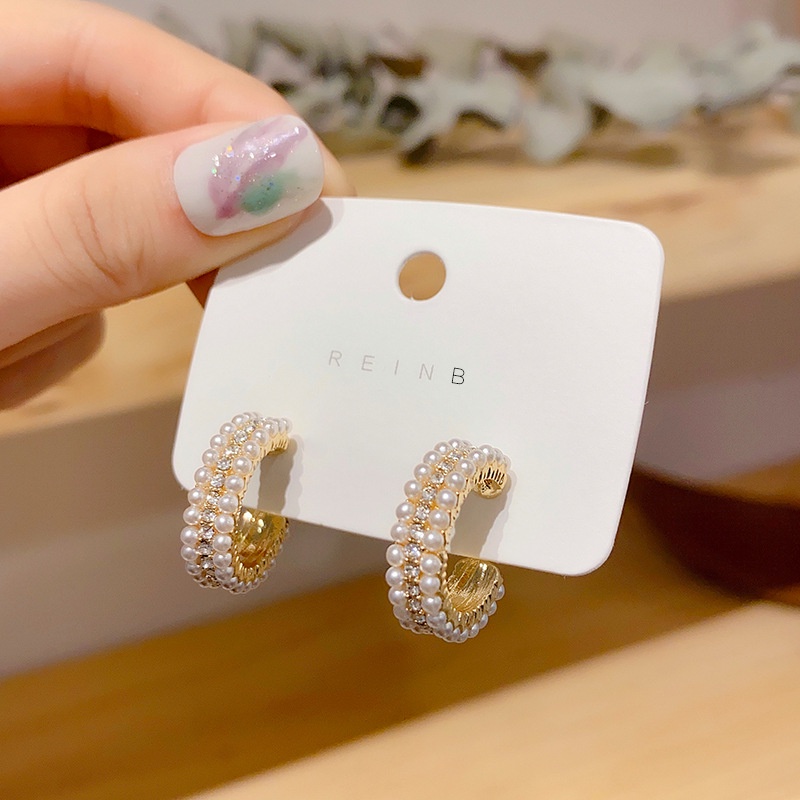 Bông Tai Chữ C Đính Ngọc Trai Và Đá Phong Cách Retro Pháp 2022