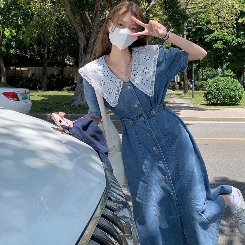 Đầm Denim Tay Ngắn Cổ Búp Bê Phối Ren Thiết Kế Mới Thời Trang Xuân Hè Cho Nữ