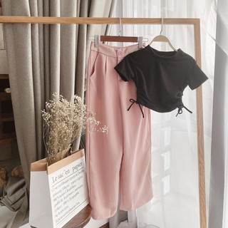 Set thun đen rút nhún + Quần hồng
