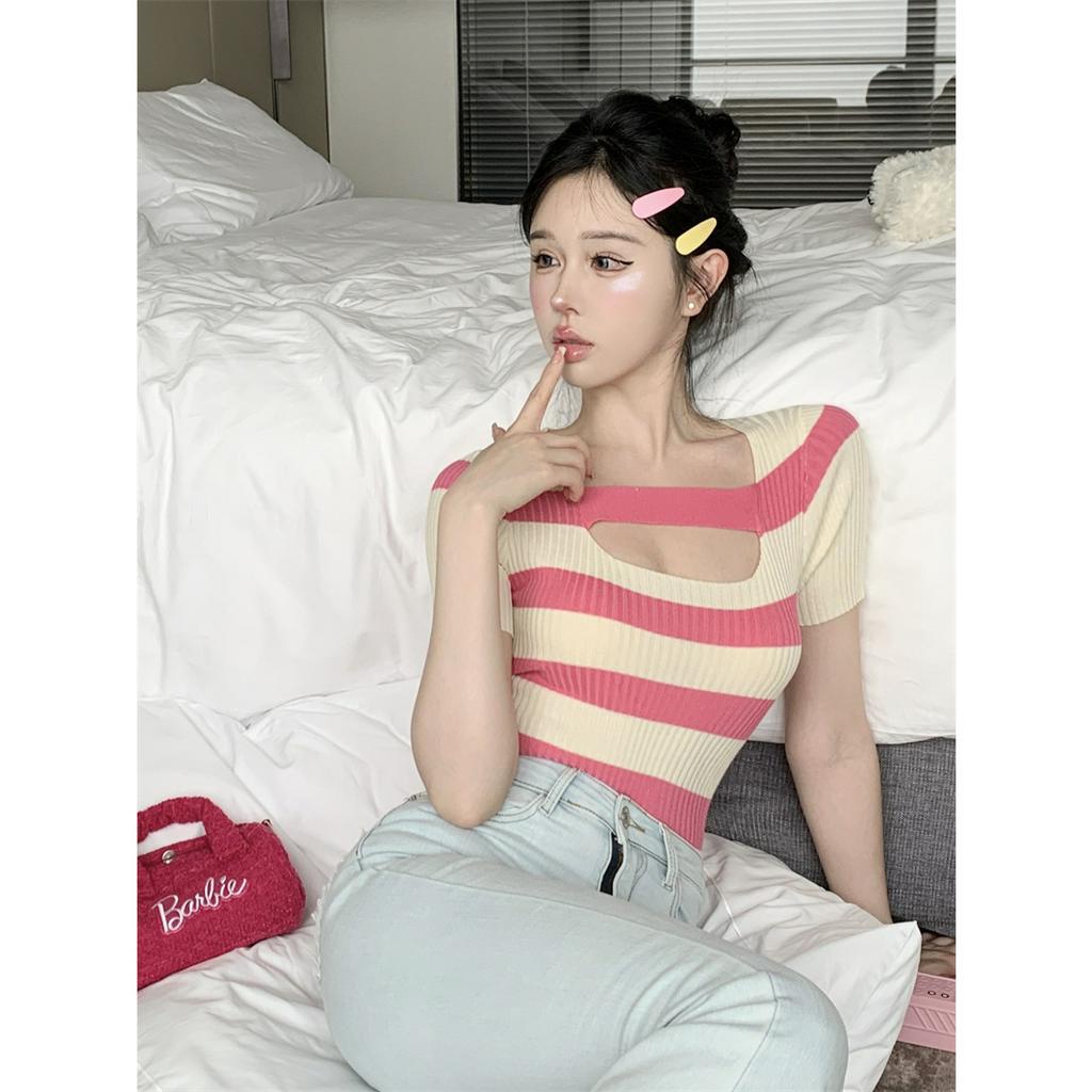 Áo Thun Ngắn Tay Cổ Vuông Họa Tiết Kẻ Sọc Thiết Kế Mới Thời Trang Mùa Hè Cho Nữ