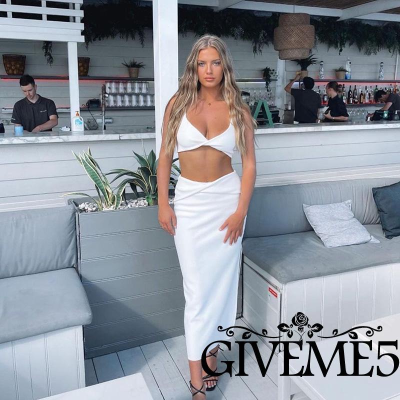 Set Đồ Mùa Hè 2 Món Gồm Áo Hai Dây Màu Trơn + Chân Váy Dài Ôm Hông Cho Nữ Size S / M / L