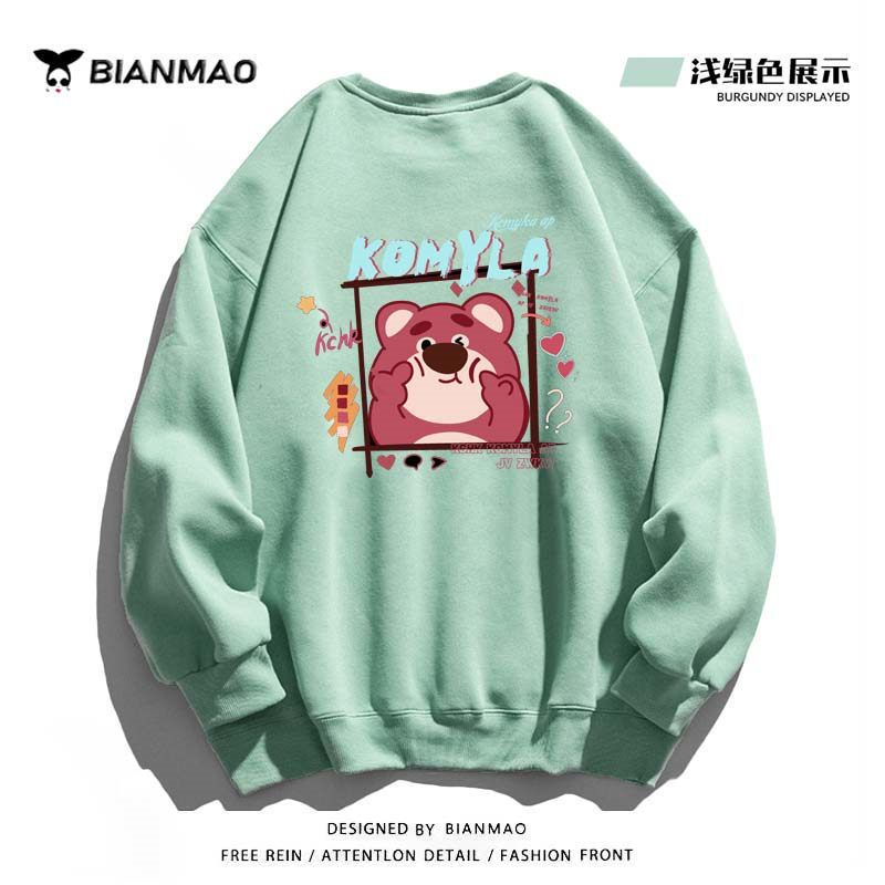 Áo Hoodie Dáng Rộng Cổ Tròn Họa Tiết Gấu Và Dâu Tây Xinh Xắn Dành Cho Nữ