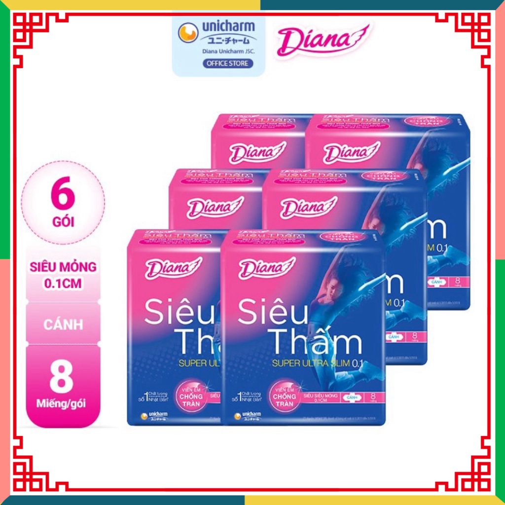 Combo 6 Gói Băng dọn dẹp Diana Siêu thấm siêu siêu mỏng 0.1(Gói 8 miếng) ( Đại lý Ngọc Toản)