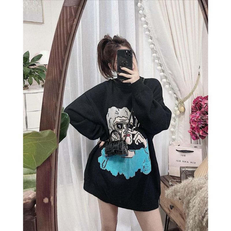 Áo Hoodie Nữ Ms.6880 Áo Dáng Suông Rộng Chùm Mông Tone Đen In Họa Tiết Hoạt Hình, Chất Nỉ Bông Dày Dặn