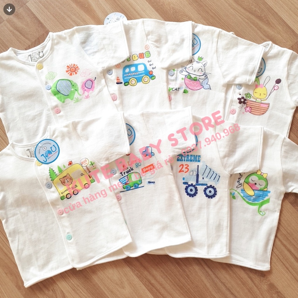 Áo sơ sinh cotton cao cấp JOU | Mầu áo tay Ngắn cài nút Giữa Trắng | Size 1-4 cho bé ss-10kg | quần áo trẻ em