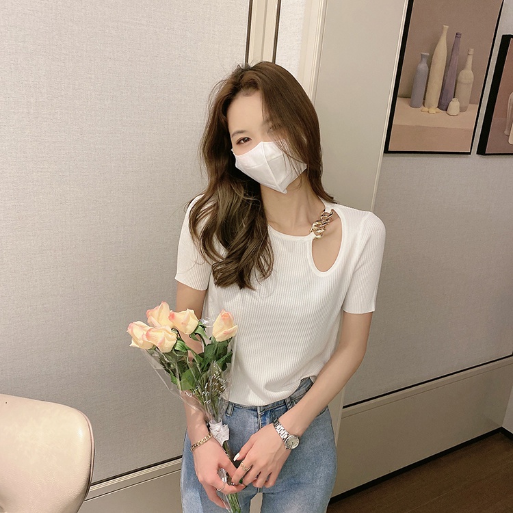 Áo thun ZHELIHANGFEI dệt kim ngắn tay eo cao thiết kế lệch tà cá tính