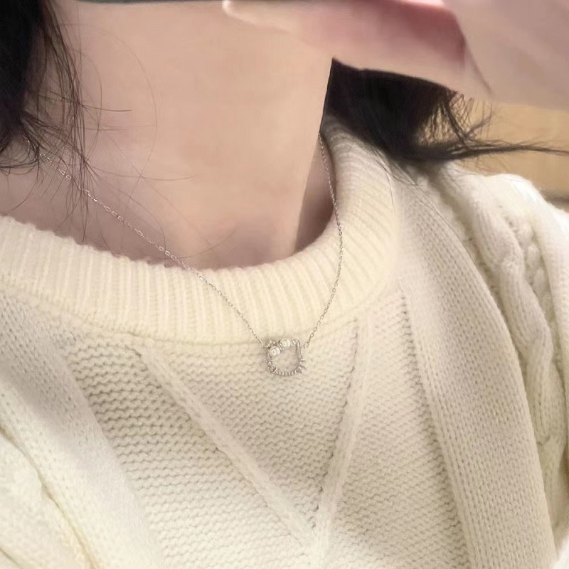Vòng cổ Mạ Bạc Mặt Hình Mèo Đính Ngọc Trai Nhân Tạo Thời Trang Cho Nữ