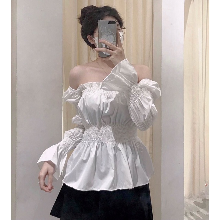 GLIM TOP Áo peplum cổ U nhún ngực eo tay phồng loe trắng đen