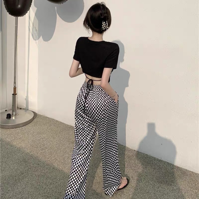 Set đồ bộ thun gân quần dài ống rộng caro Gugumi