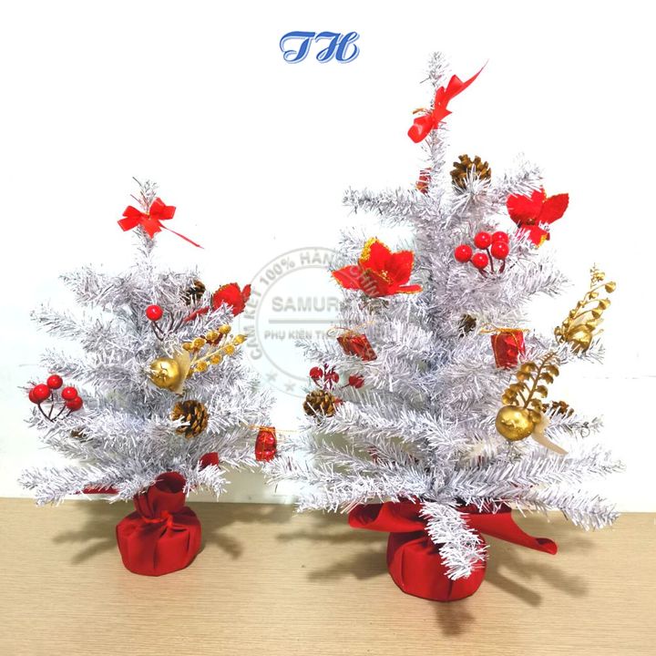 Cây thông noel mini để bàn trang trí giáng sinh màu trắng bạc 40cm 50cm Để Bàn +Full Phụ Kiện +Kèm Dây Led