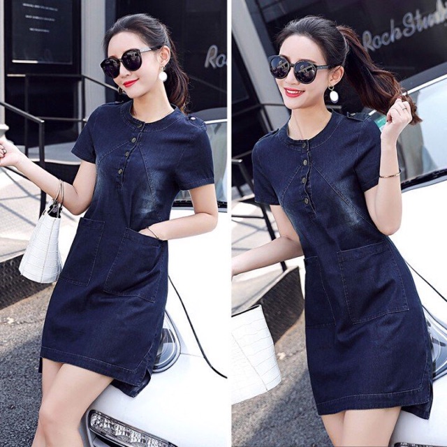 Đầm jean cổ trụ phối túi cao cấp