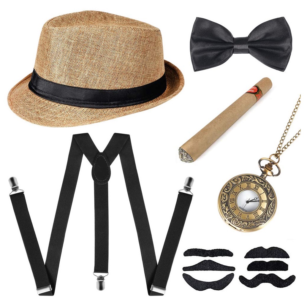 Gatsby Bộ Râu Giả Màu Đen Mũ Đội Có Dây Đeo Giả Xì Gà Retro