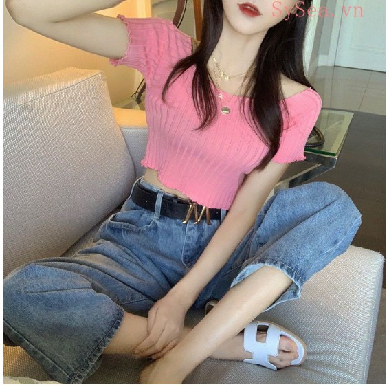 THF ÁO CROPTOP TRỄ VAI LEN GÂN  A18