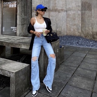 - quần jeans xanh rách gối - street style