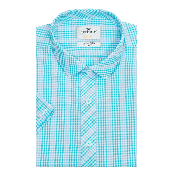 Áo sơ mi nam ngắn tay ARISTINO kẻ caro xanh , sợi tre, dáng slimfit (ASS511S7-ASS065S8)