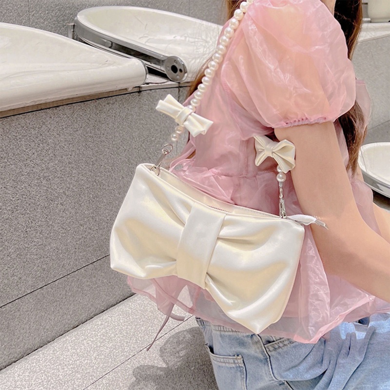 Túi Xách Đeo Vai Đính Nơ Phối Dây Xích Ngọc Trai Thời Trang Dành Cho Nữ