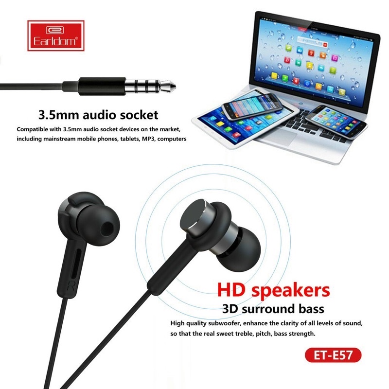 Tai nghe có dây Earldom sử dụng cổng AUX 3.5mm thích hợp với hầu hết các dòng smartphone,laptop,pc... hiện nay