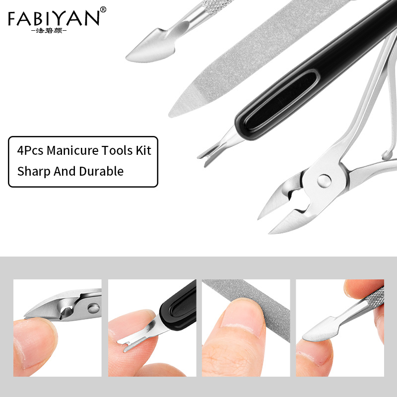 Bộ 4 dụng cụ làm móng FABIYAN gồm dụng cụ đẩy biểu bì/ kềm cắt móng/ nĩa loại da chết/ dũa móng tiện dụng