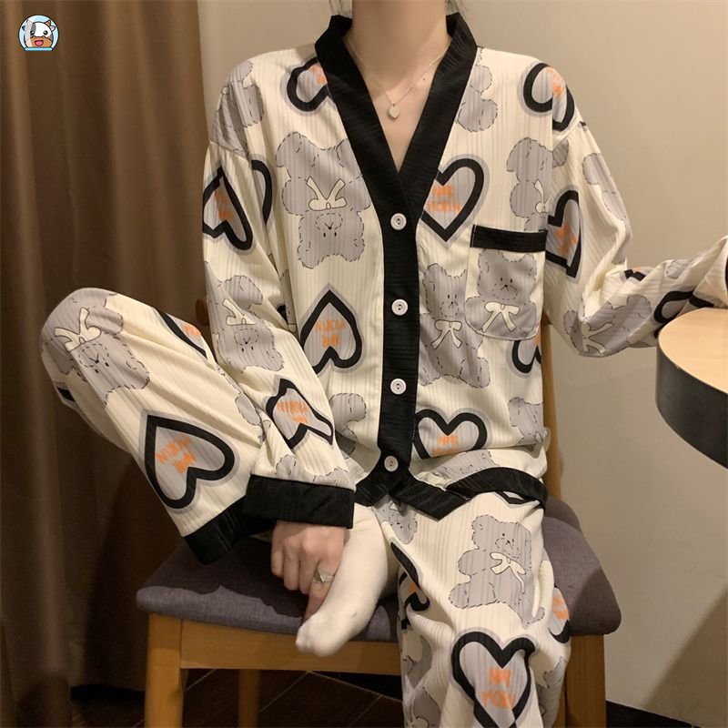 Bộ Đồ Ngủ Tay Dài In Hình Gấu Màu Đen Phong Cách Hàn Quốc Thời Trang Xuân Thu Cho Nữ