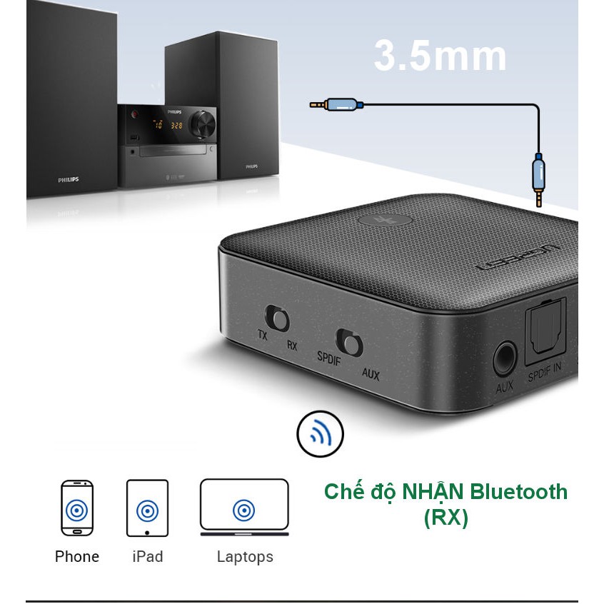 Bộ nhận và phát Bluetooth 5.0 hỗ trợ SPDIF Optical và atpX UGREEN CM144 70158