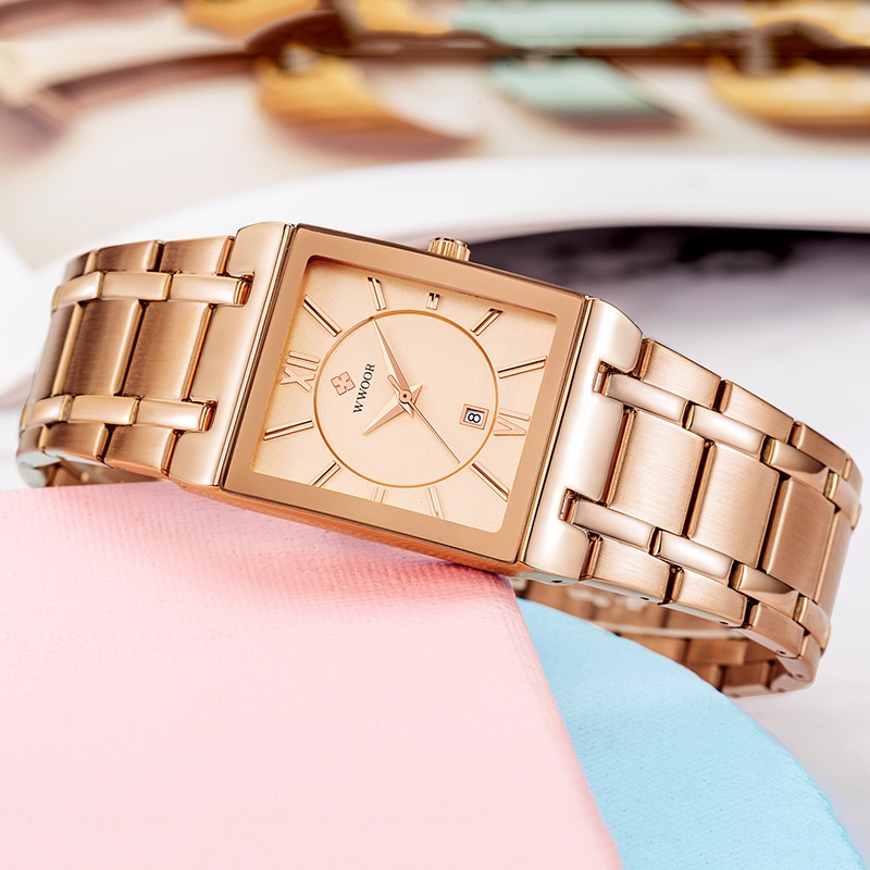 Wwoor Mới Đồng Hồ Nữ Mạ Vàng Hồng Thiết Kế Dáng Vuông Sang Trọng Montre Femme-8858