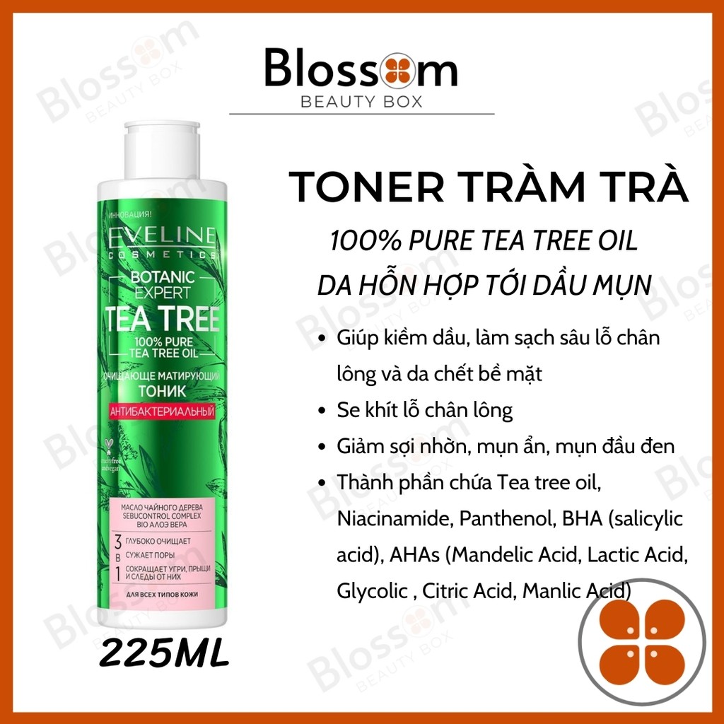 Toner Eveline Tea Tree Botanic Expert làm sạch sâu, thu nhỏ lỗ chân lông, ngừa & giảm mụn, thâm 225ML