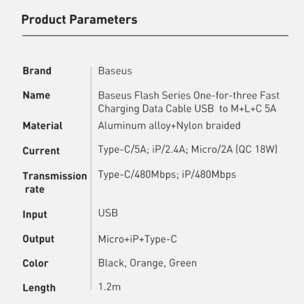 Cáp sạc đa năng 3 đầu Baseus 40W, Cáp sạc nhanh 3 đầu Baseus Flash Series 3in1 (USB to Type C/ Lightning/ Micro, 5A/40W)