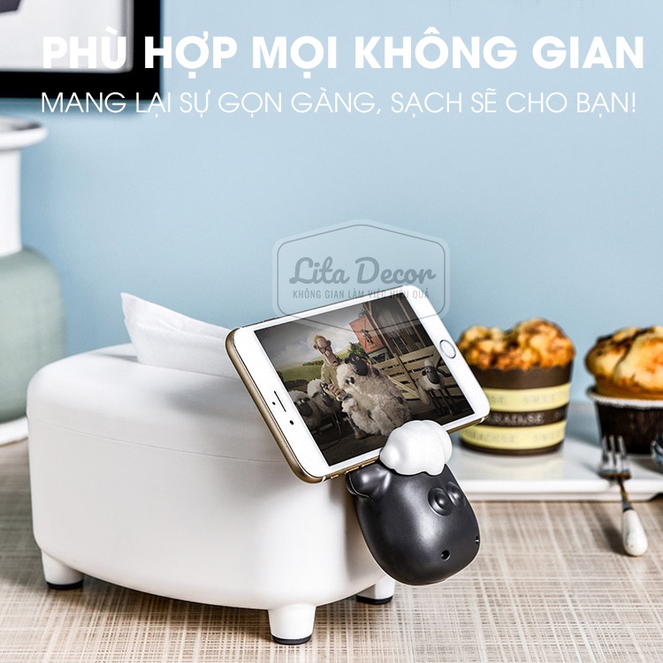 Hộp đựng khăn giấy ăn, hình con cừu kết hơp giá đỡ điện thoại &amp; đồ trang trí, mã HG02