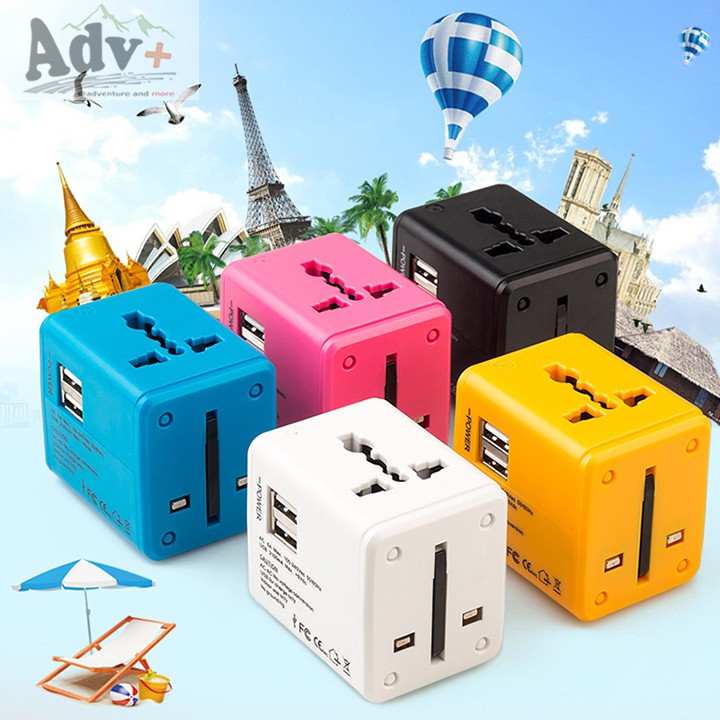 Cục sạc ổ cắm điện đa năng du lịch quốc tế tích hợp 2 cổng sạc USB - MUÔN PHƯƠNG SHOP