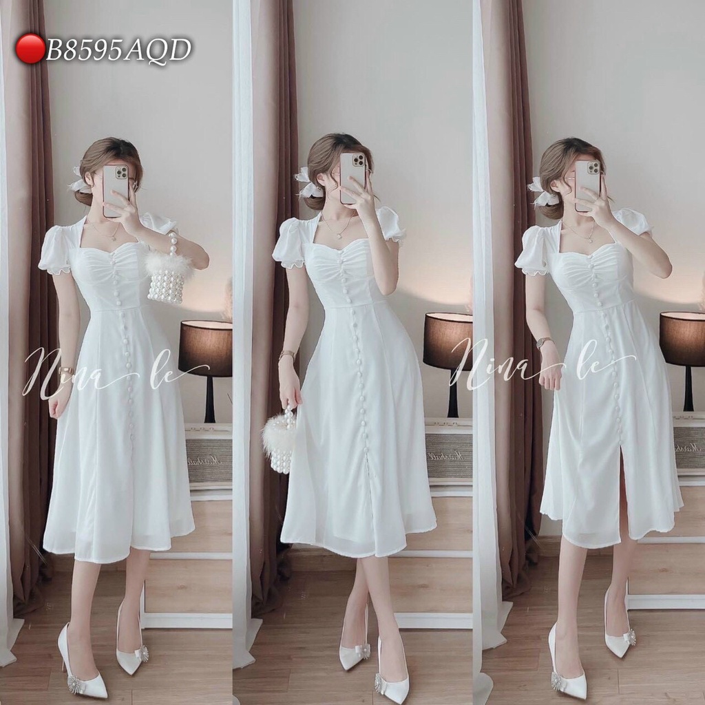 Đầm lụa suông nhẹ đính nút kiểu xẻ cổ vuông ngắn tay