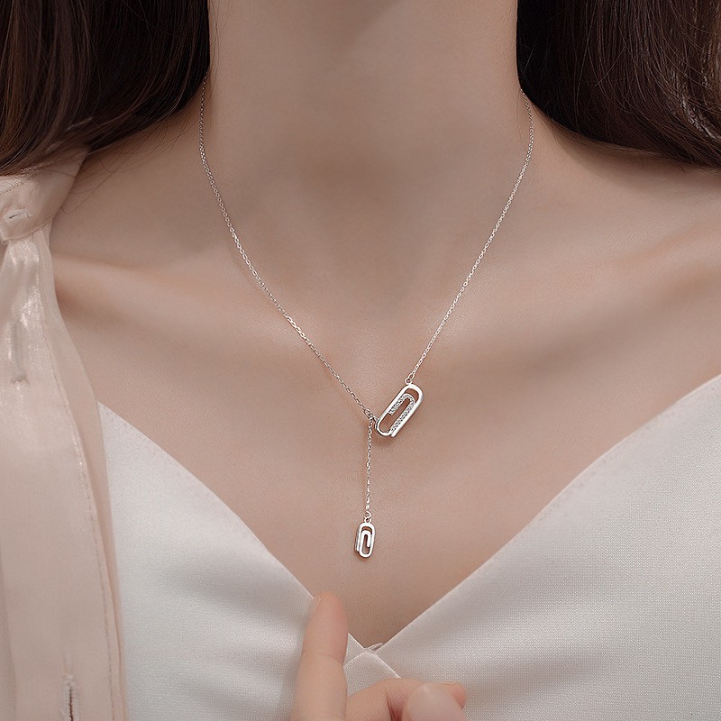 Dây Chuyền Bạc S925 Kẹp Giấy Đính Đá CZ Dễ Thương | Vòng Cổ Nữ Trang Sức Bạc Thời Trang