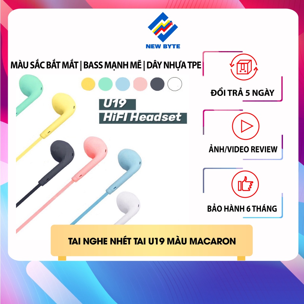 Tai nghe nhét tai có mic U19 Hifi, tai nghe có dây màu macaron siêu bắt mắt jack 3.5mm dùng cho iOS và dòng android