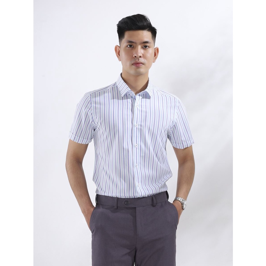 Áo sơ mi nam ngắn tay ARISTINO ASS143S8 dáng slimfit, tà lượn, chất modal sợi sồi, Kẻ sọc xanh 2 màu