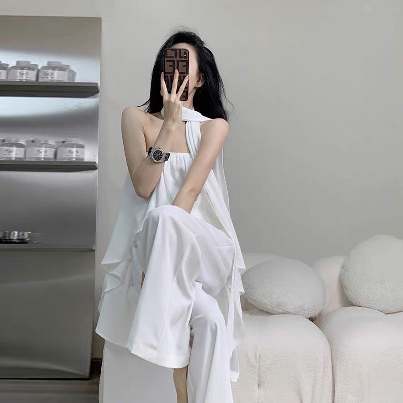 Bộ áo liền quần ống rộng chất liệuvải voan mỏng nhẹ phong cách Âu Mỹ thời trang cho nữ