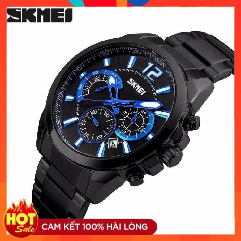 Đồng hồ nam SKMEI chạy 6 kim mặt tròn 46mm dây thép kim loại không ghỉ có lịch ngày chống xước chống nước tuyệt đối 9108