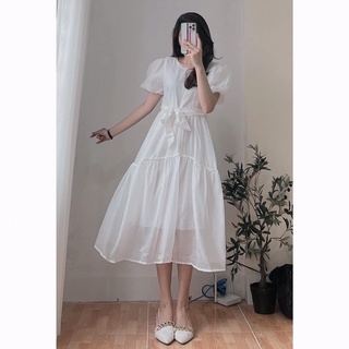 Đầm babydoll cổ tròn thắt nơ eo tay bồng ulzzang-Váy trắng công chúa voan tầng thắt nơ tay bồng