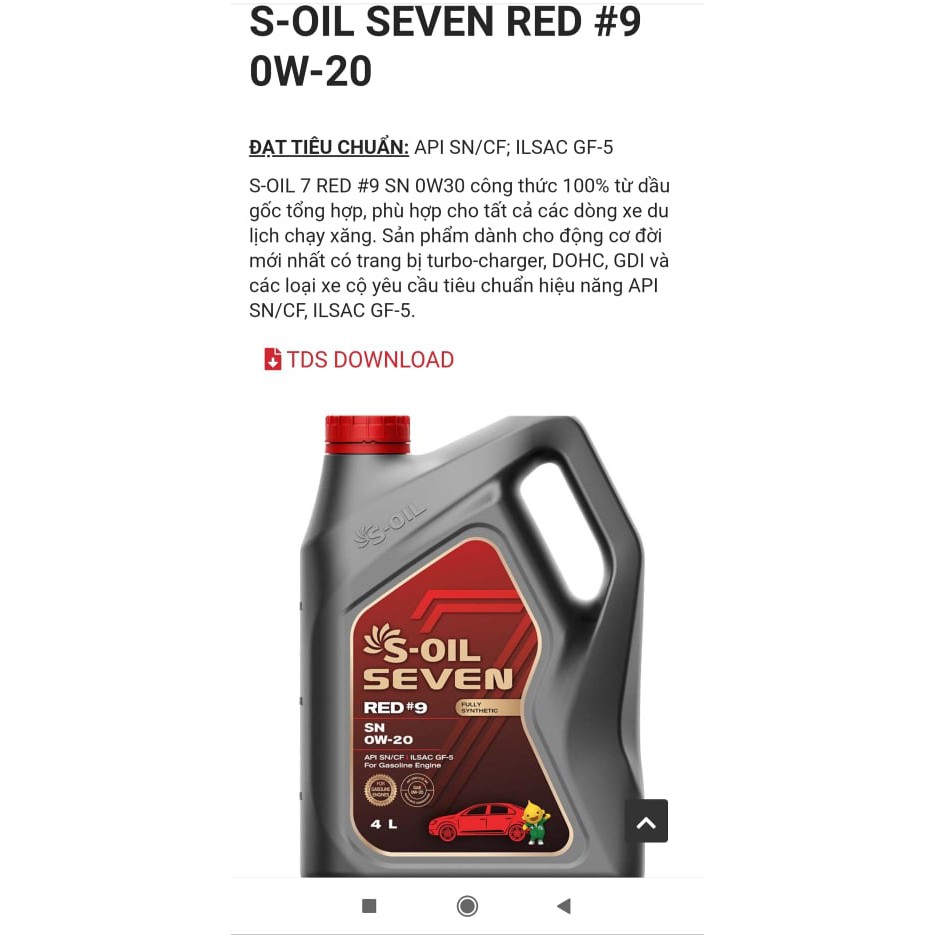 NHỚT S.OIL RED#9 API SN 0W20- 4L