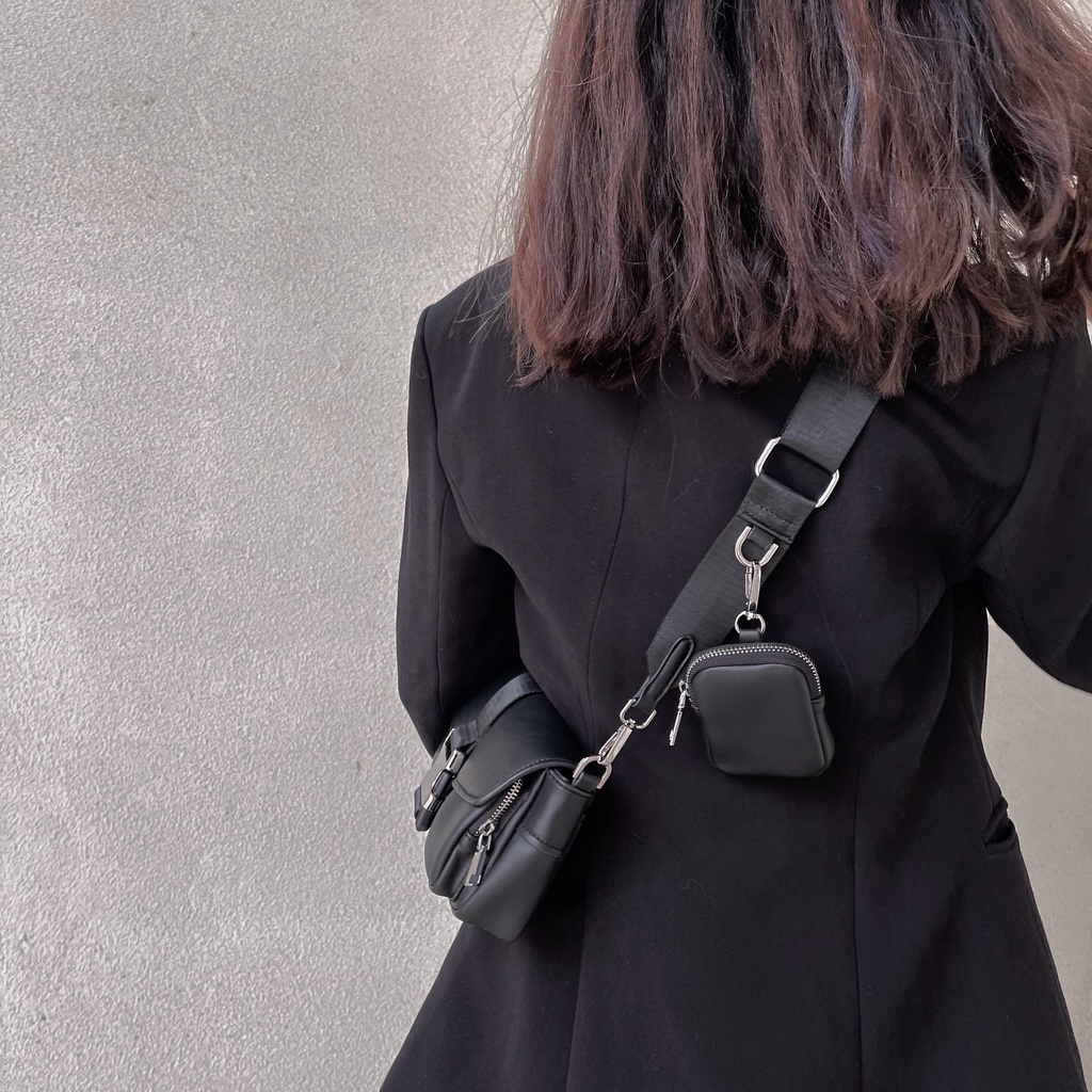 Túi đeo chéo nam nữ unisex trơn khóa cài ngoài kèm túi nhỏ giỏ style Hàn Quốc giỏ đeo ngực Kindee