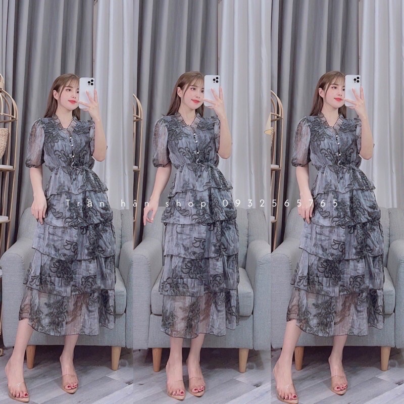 ĐẦM TIỂU THƯ VOAN TƠ HOA XÁM BO CHUN CỘT NƠ RÚT EO, CÚC NGỌC TAY DÀI CÓ 2 LỚP