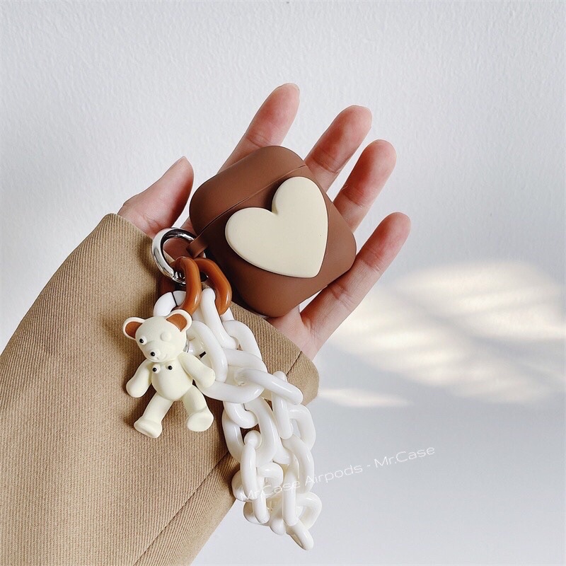 Case Airpods 1/2 /Pro Vỏ Ốp Tai rNghe Hình Tim Nâu Kèm Móc Khoá gấu Xinh - Mr.Case AirPods