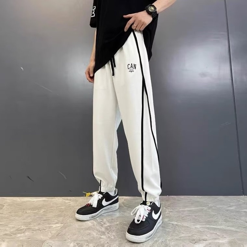 Quần Dài Thể Thao Nam Ống Rộng Họa Tiết Kẻ Sọc Trắng Đen Thời Trang Mùa Hè Size M-3XL