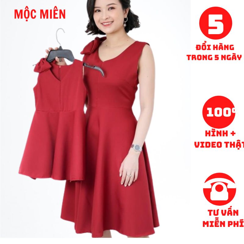 Váy đôi mẹ bé sát nách vai nơ chất cotton thái D12706 (cả mẹ và bé)