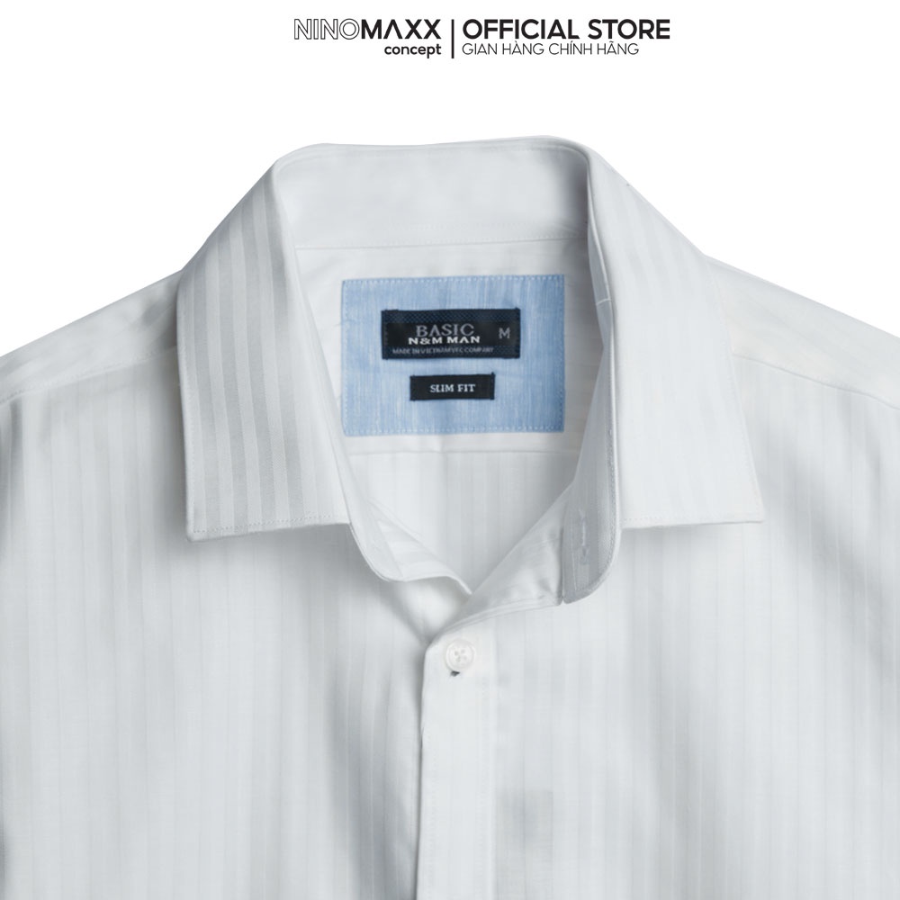 Ninomaxx Áo Sơ Mi Nam dài tay cổ bẻ %100 cotton trắng kẻ sọc 1905218