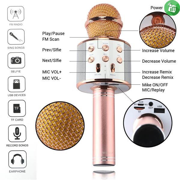 Micro Karaoke Kiêm Loa Bluetooth WS - 858 Tiện Dụng Chất Lượng Cao- Âm Chuẩn Hút Mic Có Ghi Âm Giọng Hát