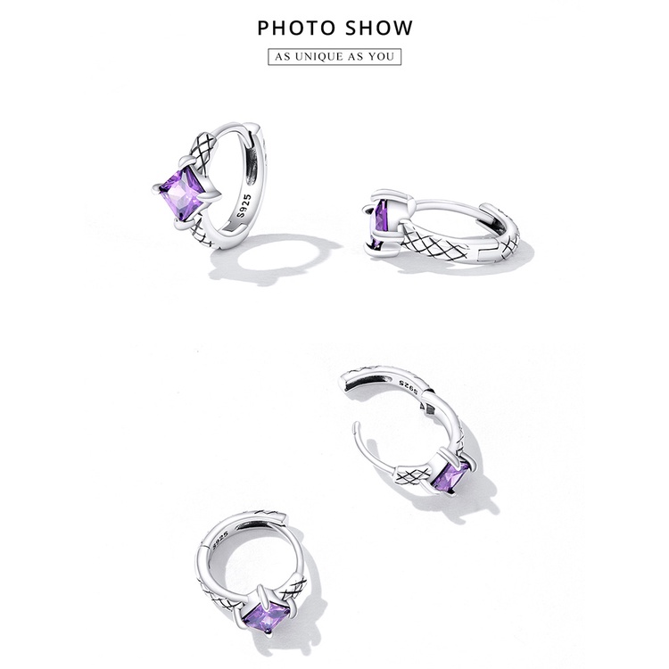 Đôi khuyên tai BAMOER bạc 925 thiết kế da rắn đính đá zircon màu tím thời trang dành cho nữ