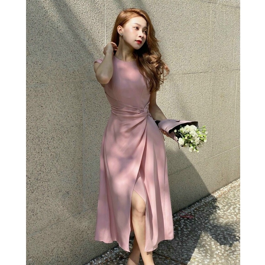 Đầm dự tiệc dáng xòe,váy cổ tròn nhún eo xẻ tà tôn dáng body chất liệu tằm ý full 2 lớp dự tiệc dạo phố XM Minh Phúc