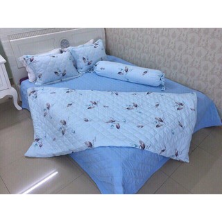 Bộ Drap Giường Phủ Chần Bông Đũi Xanh Mát M6*2M-M8*2M