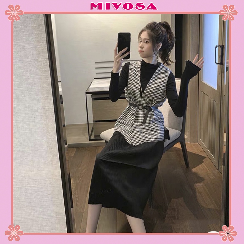 Set váy len tăm cổ lọ mix áo gile sơ mi nữ cổ V kèm thắt lưng đầm suông nữ MIVOSA SV008 | BigBuy360 - bigbuy360.vn