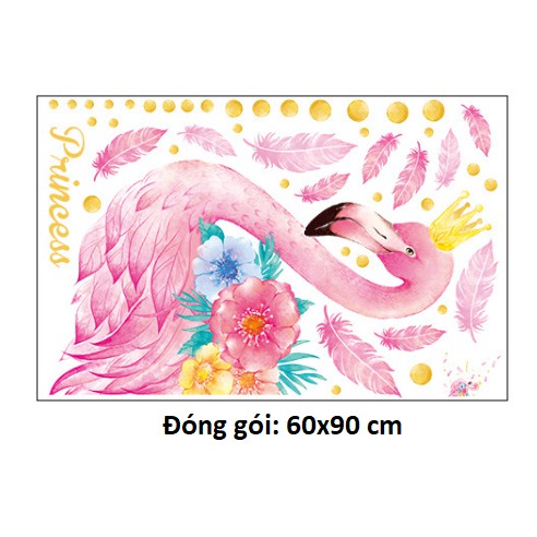 Decal dán tường giá rẻ con cò màu hồng lớn 110x143cm sẵn keo QR9077